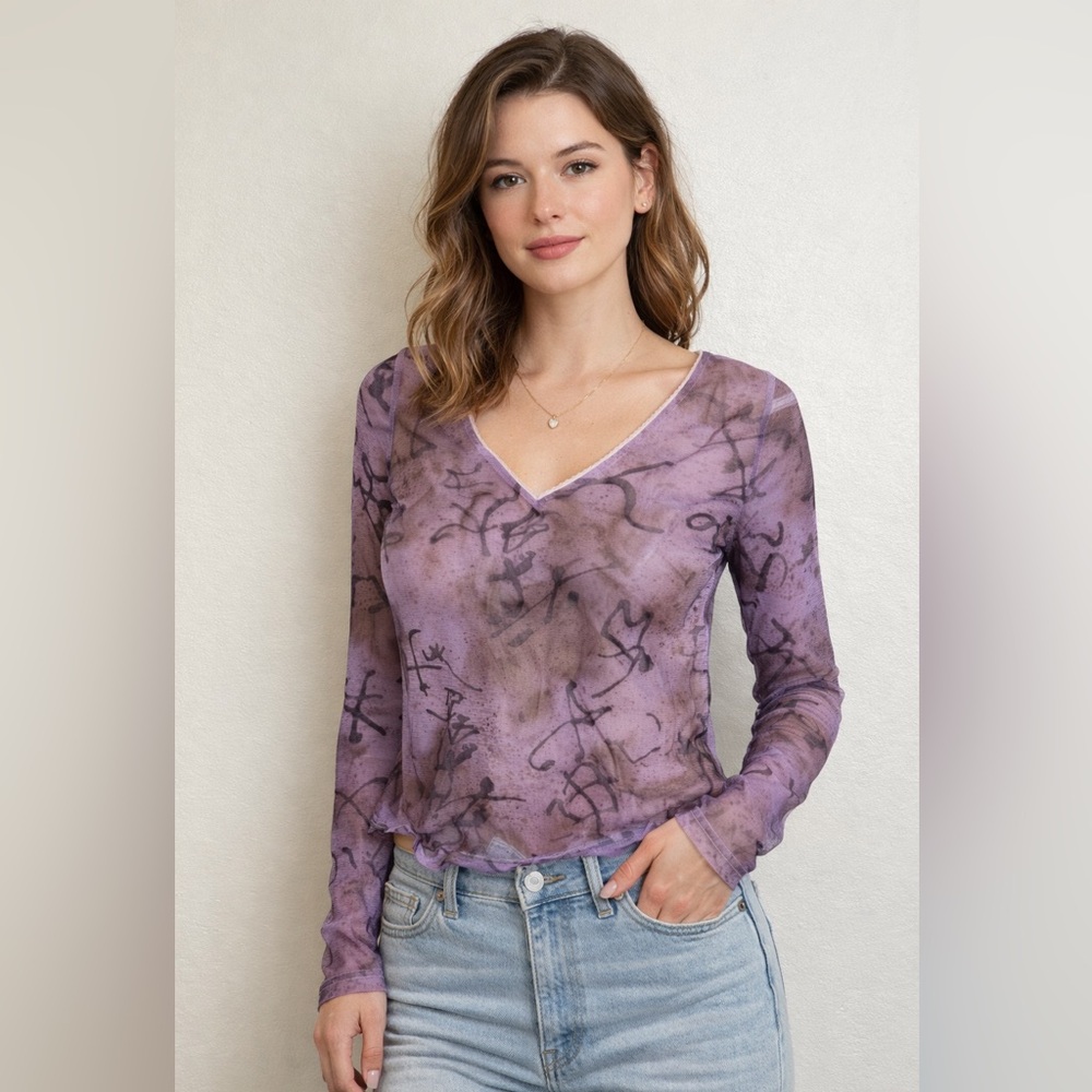Snazzie Women’s Purple Sheer Mesh Long Sleeve Top Y2K Fairycore Size M